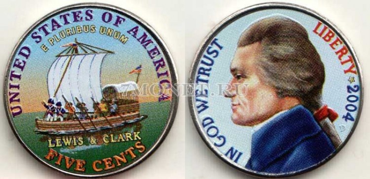 монета США 5 центов 2004 год 200 лет экспедиции Льюиса и Кларка, двусторонняя эмаль