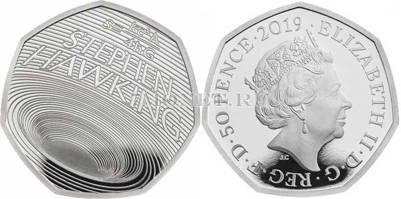 монета Великобритания 50 пенсов 2019 год Стивен Хокинг Черная дыра, в буклете