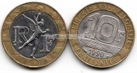 монета Франция 10 франков 1988-1992 годы Гений свободы — фрагмент Июльской колонны на площади Бастилии