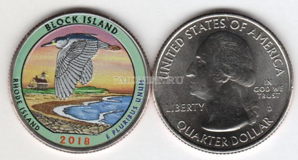 США 25 центов 2018  штат Род-Айленд Национальное убежище дикой природы острова Блок, 45-й, эмаль 