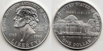 монета США 1 доллар 1993 год Томас Джефферсон UNC