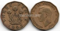 монета Великобритания 3 пенса 1943 год Георг VI растение лук-порей